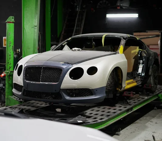 Bentley Continental GT prepared for body and paint work in Al Quoz, Dubai, Abu Dhabi